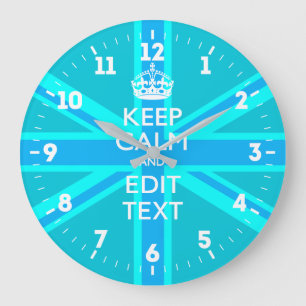 Grande Horloge Ronde Personalized Keep Calm Your Text UK Flag Sky Blue
