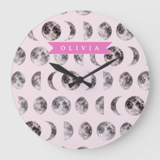 Grande Horloge Ronde Personalized Pink Moon Phase Celestial Name Gift