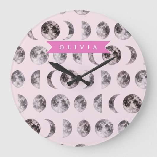 Grande Horloge Ronde Personalized Pink Moon Phase Celestial Name Gift (Recto)