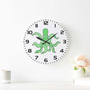 Grande Horloge Ronde Personnage de Pieuvre Verte Monstre Marin Excentri