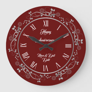 Grande Horloge Ronde Personnalisation Florale Joyeux Argent 25e Anniver