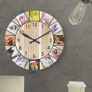 Grande Horloge Ronde Personnalisé 12 Photo Collage Pine Bois rond