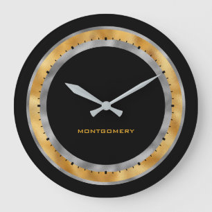 Grande Horloge Ronde Personnalisé avec feuille d'argent et d'or noir él