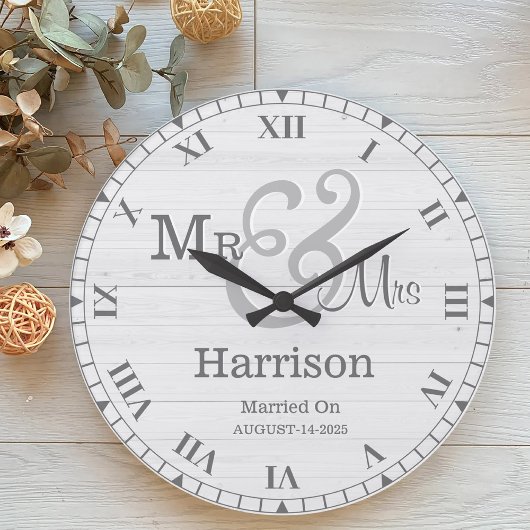 Grande Horloge Ronde Personnalisé Mr & Mrs Gray White Retro Wood Couple