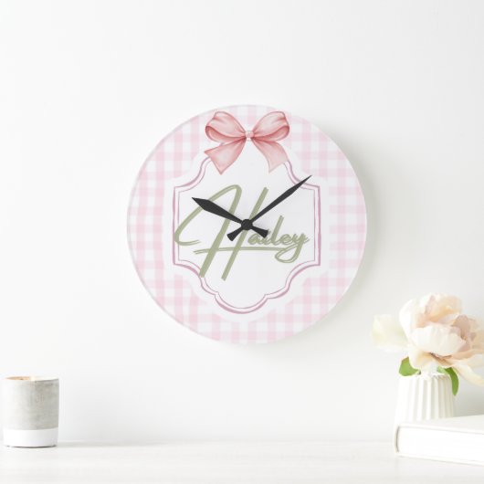 Grande Horloge Ronde Personnalisée Hailey Baby Girl Nursery Bow&En vich (Maison)