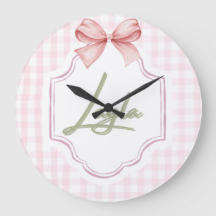 Grande Horloge Ronde Personnalisée Layla Baby Girl Nursery Bow&En vichy