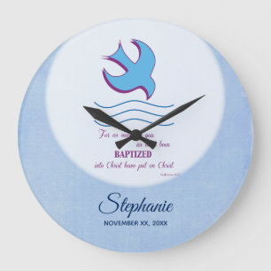 Grande Horloge Ronde Personnaliser, Adulte Baptême Dove on Blue