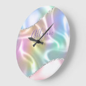 Grande Horloge Ronde Personnaliser le nom Script violet, vague iridesce (Angle)