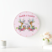 Grande Horloge Ronde Personnaliser Twins Floral Baby Deer Baby Nursery (Maison)