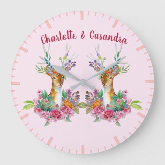 Grande Horloge Ronde Personnaliser Twins Floral Baby Deer Baby Nursery (Recto)