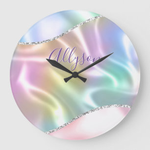 Grande Horloge Ronde Personnalize Purple Script, Iridescent Wave
