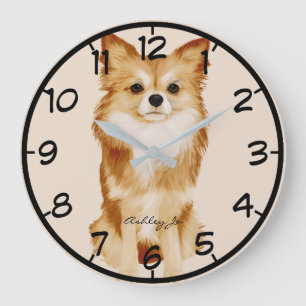 Grande Horloge Ronde Personnalized Cute Papillon Dog Watercolor