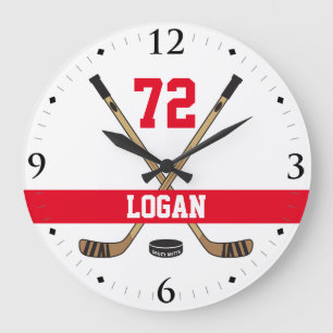 Grande Horloge Ronde Personnalized Hockey Player Number Red