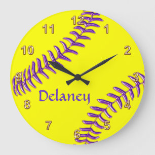Grande Horloge Ronde Personnalized Softball Clocks, Purple Name, Thread