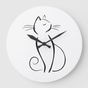 Grande Horloge Ronde Petit chat noir sur blanc