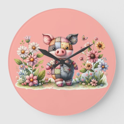 Grande Horloge Ronde Petit Cochon Patchwork dans un Jardin Fleuri (Recto)