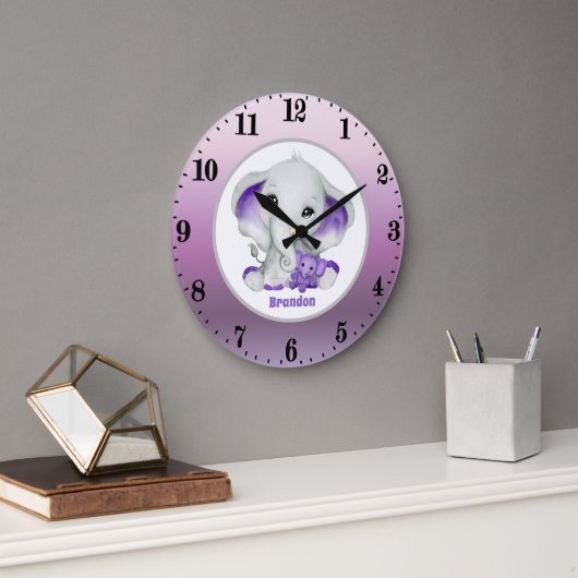 Grande Horloge Ronde petit garçon mignon éléphant ajouter nom pépinière (Bureau)