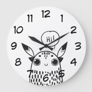 Grande Horloge Ronde Petit Monstre mignon noir et blanc Illustré
