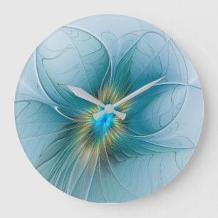 Grande Horloge Ronde Petite Beauté Moderne Fleur d'Art Fractal Bleu Or