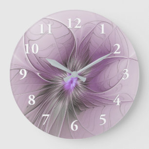 Grande Horloge Ronde Petite Beauté Moderne Gris Mauve Art Fractal Fleur