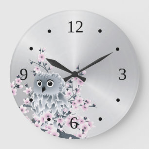 Grande Horloge Ronde Petite Chouette et Fleurs de Cerisier Argentées