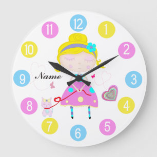 Grande Horloge Ronde Petite fille avec un mignon chat multicolore
