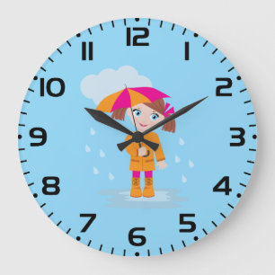 Grande Horloge Ronde Petite Fille en Imper Orange avec Parapluie Rose