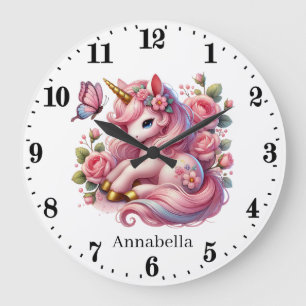 Grande Horloge Ronde Petite fille fille fille pépinière licorne