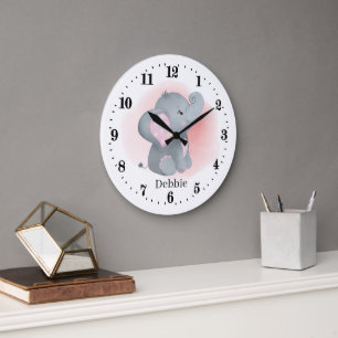 Grande Horloge Ronde petite fille mignonne éléphants ajouter le nom