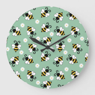 Grande Horloge Ronde Petites abeilles mignonnes et fleurs marguerites m