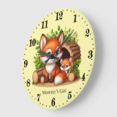 Grande Horloge Ronde Petites filles bébé renard ajouter nom (Angle)