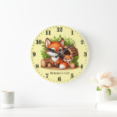 Grande Horloge Ronde Petites filles bébé renard ajouter nom (Maison)