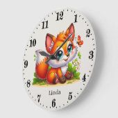 Grande Horloge Ronde Petites filles bébé renard ajouter nom (Angle)