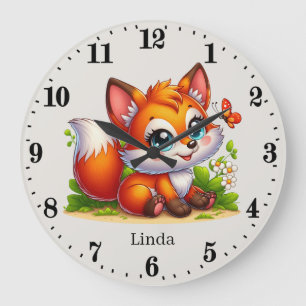 Grande Horloge Ronde Petites filles bébé renard ajouter nom