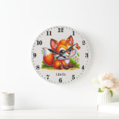 Grande Horloge Ronde Petites filles bébé renard ajouter nom (Maison)