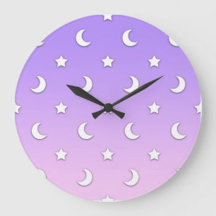 Grande Horloge Ronde Petits motifs d'étoiles et de lunes blanches