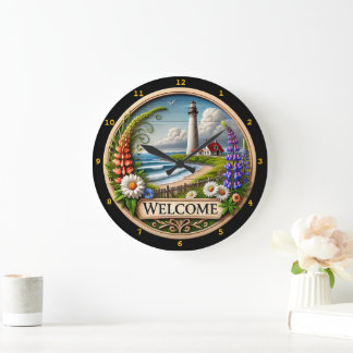 Grande Horloge Ronde Phare côtier Bienvenue Floral