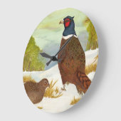 Grande Horloge Ronde Pheasants à Snow Painting Clock (Angle)