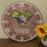Grande Horloge Ronde Photo brown leather heart 3rd wedding anniversary<br><div class="desc">Brown leather printed faux graphic stitched heart wedding anniclock, with graphic style crystals on each hour, customize with your own couples photo, year of marriage, and names or relationship to you. The example reads Maria and Preston Martinez Third Wedding Anniversary and your marriage and anniversary date or message. The traditionnelle...</div>