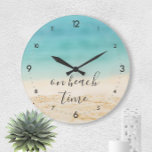 Grande Horloge Ronde Photo de Coastal Beach<br><div class="desc">Easily personalize Nautical Boutique Co.'s pretty "On Beach Time" coastal beach photo clock,  featuring en aqua ocean and sandy beach picture,  with another short,  if desired. Perfect for your coastal decor room makeover or beach cottage ! #DIY #Coastal #Decor #Beach #BeachTime</div>