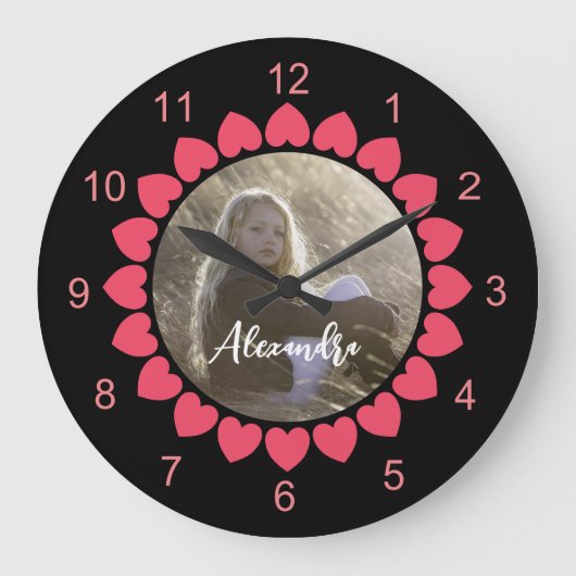 Grande Horloge Ronde Photo de fille personnalisée avec Coeurs Peachy Ce (Recto)