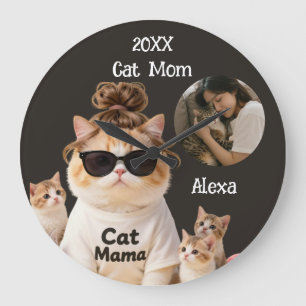 Grande Horloge Ronde Photo de la mère de chat 20XX pour les amoureux de