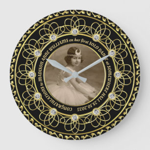 Grande Horloge Ronde Photo Diamond Numbers Gold Commemorative Black