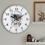 Grande Horloge Ronde Photo et script personnalisés Nom de famille Vie C<br><div class="desc">Célébrez chaque instant avec notre photo et script personnalisés Nom de famille Vie Amour Citation grande horloge! Cette grande horloge élégante présente une citation de typographie manuscrite : "Famille. Là où la vie commence et où l'amour ne finit jamais." Sous la citation, personnalisez-la avec l'année établie de votre famille. Au-dessus...</div>