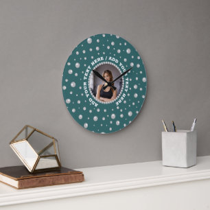 Grande Horloge Ronde Photo personnalisé avec Cercles de Perles sur Fond