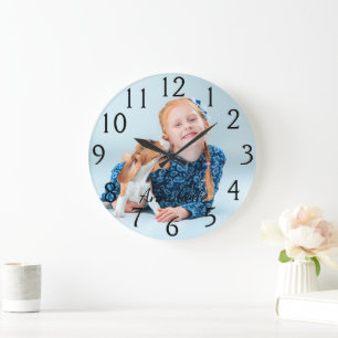 Grande Horloge Ronde Photo personnalisé & nom personnalisé
