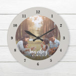 Grande Horloge Ronde Photo personnalisée et nom de famille Personnalisé<br><div class="desc">Créez une horloge murale ronde ou carré spéciale personnalisée avec votre photo et votre monogramme de nom de famille. Le design comprend des polices modernes simples en noir et blanc, ou utilisez les outils de conception pour choisir des polices et des couleurs correspondant à votre propre style de décoration maison....</div>