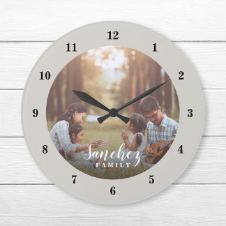 Grande Horloge Ronde Photo personnalisée et nom de famille Personnalisé