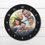 Grande Horloge Ronde Photo personnalisée et nom de famille Personnalisé<br><div class="desc">Créez une horloge murale ronde ou carré spéciale personnalisée avec votre photo et votre monogramme de nom de famille. Le design comprend des polices modernes simples en noir et blanc, ou utilisez les outils de conception pour choisir des polices et des couleurs correspondant à votre propre style de décoration maison....</div>