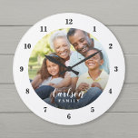 Grande Horloge Ronde Photo personnalisée et nom de famille Personnalisé<br><div class="desc">Créez une horloge murale ronde ou carré spéciale personnalisée avec votre photo et votre monogramme de nom de famille. Le design comprend des polices modernes simples en noir et blanc, ou utilisez les outils de conception pour choisir des polices et des couleurs correspondant à votre propre style de décoration maison....</div>